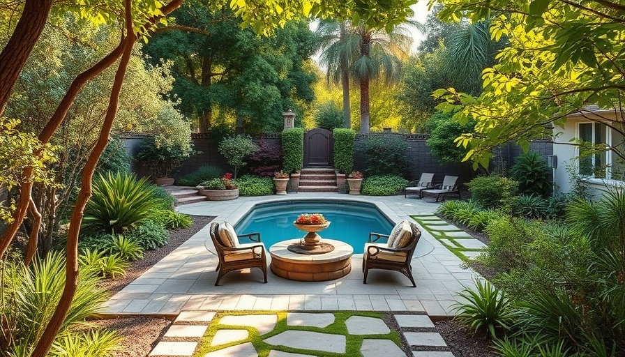 California landscaping transformation with lush gardens and serene pool area.