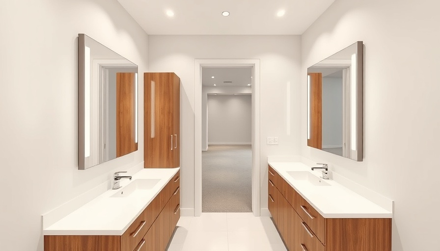 Stylish bathroom in California homes with wooden cabinets and dual mirrors.
