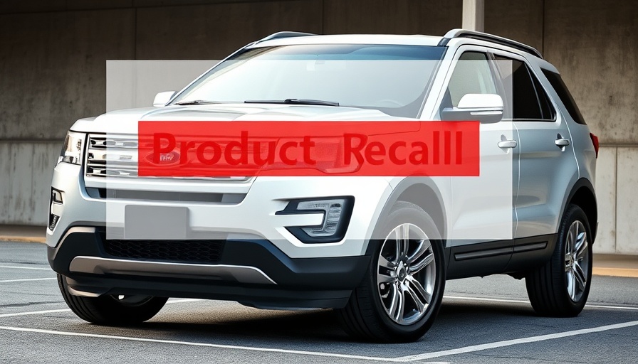 Silver Ford SUV with product recall warning overlay in urban setting.