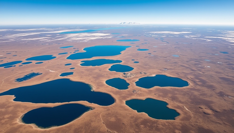Aerial view of Alaska with lakes and tundra related to oil drilling policy.