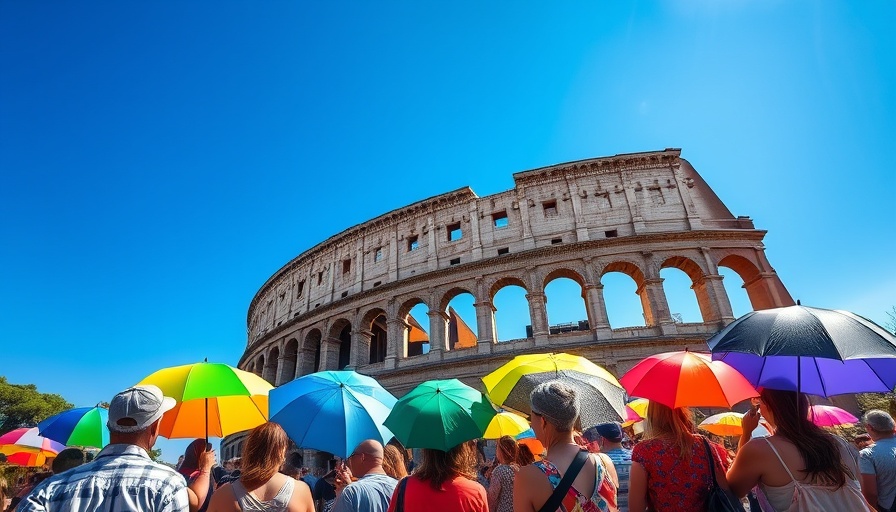 Tourists with umbrellas under extreme heat at the Colosseum, climate change impact.