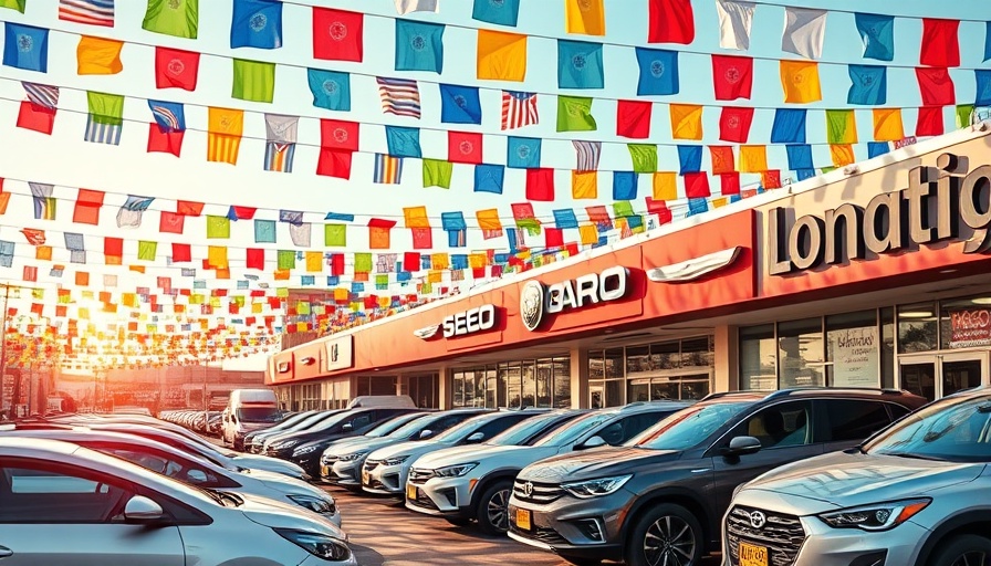 Used car dealership with multiple cars and colorful flags