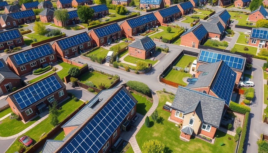 Aerial view of UK homes with solar panels highlighting solar energy in the UK.