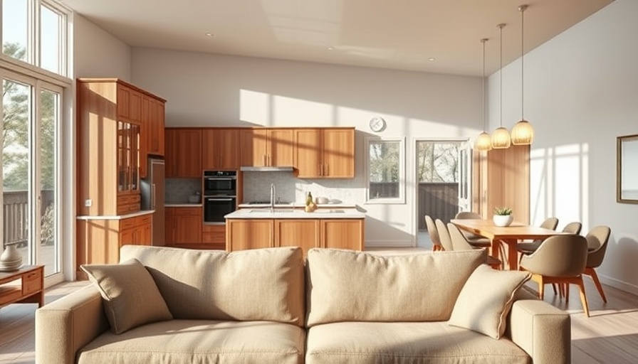 Open-concept kitchen with wooden cabinets, sunlight streaming in.