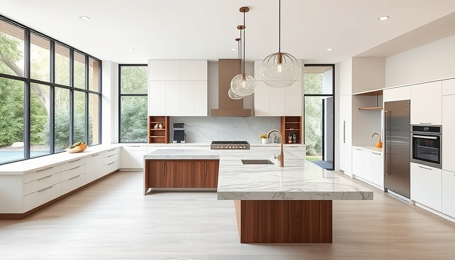 Modern kitchen design with marble island and wood accents