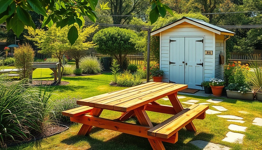 Charming garden with picnic table and rustic shed, affordable home decor solutions.