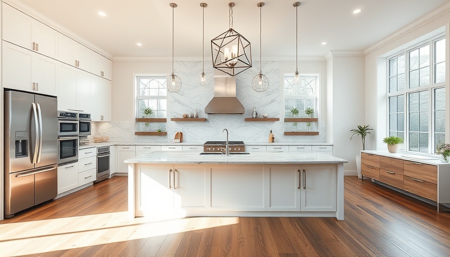 Modern kitchen with island and geometric lights, highlighting style.