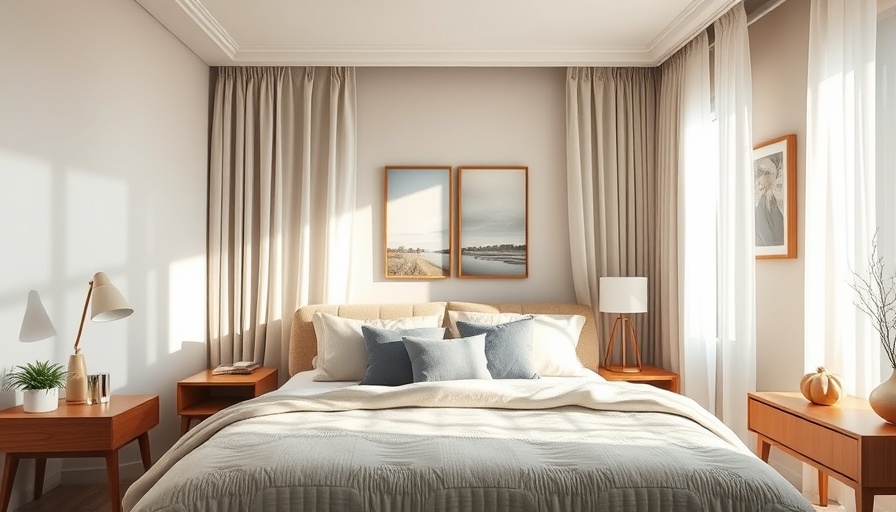 Elegant cozy bedroom designed for aging in place with natural tones and artwork.