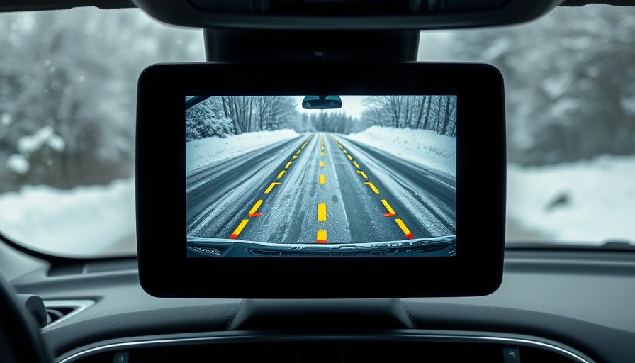 Backup cameras safety displayed on car screen showing snowy driveway.