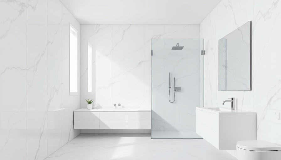 Easy to clean bathroom design with glass shower and marble walls.
