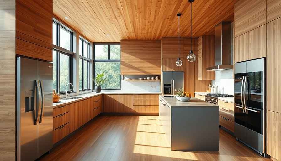 Modern kitchen with warm wood cabinetry and stainless steel appliances.