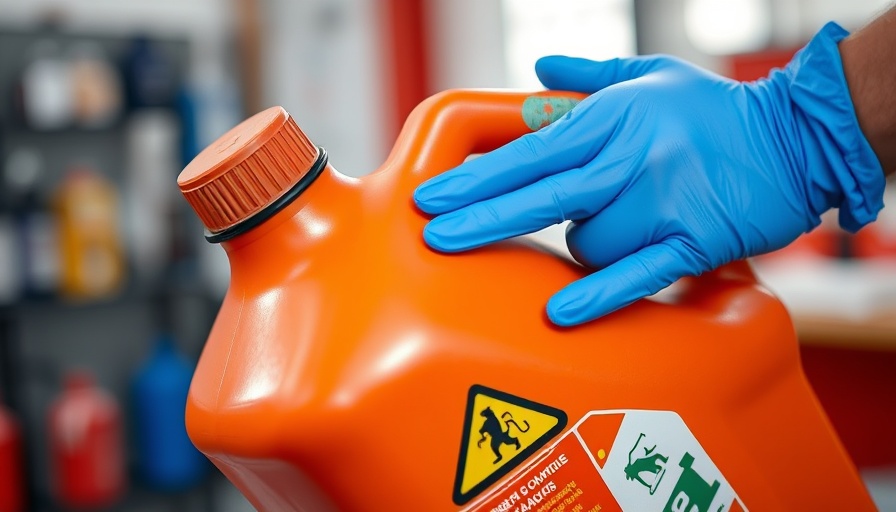 Orange gasoline container labeled 'danger', held with blue gloves.