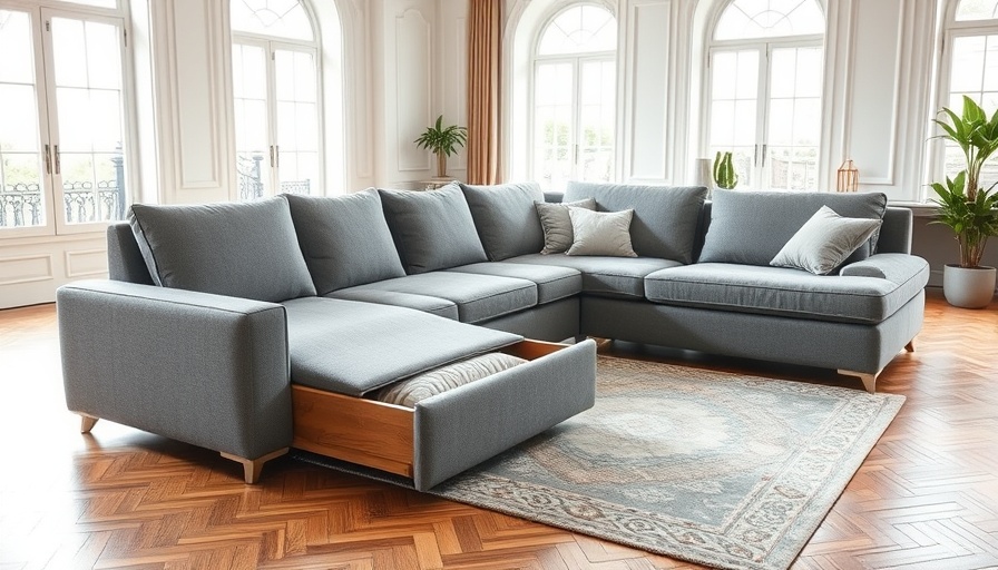 Modern gray sectional sofa with storage in bright living room
