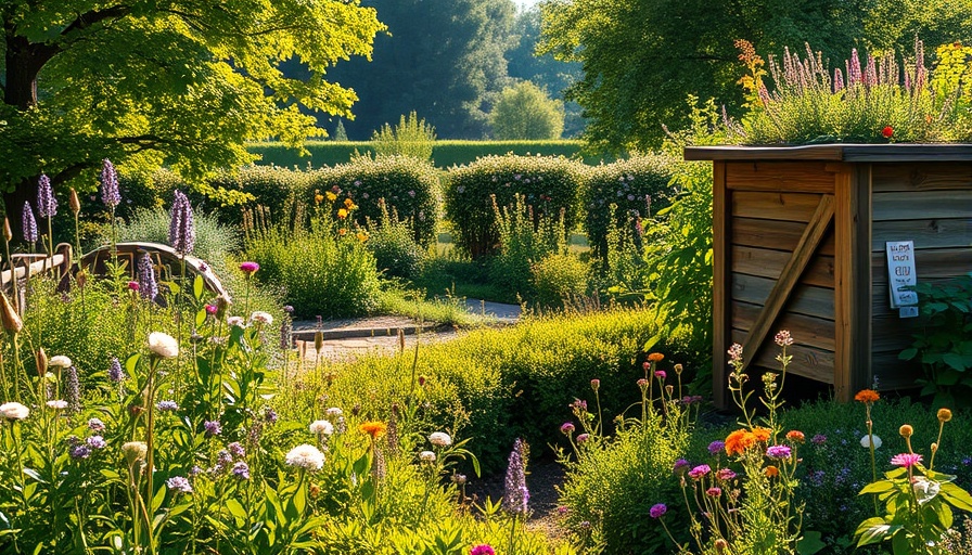 Regenerative gardening scene in California with wildflowers and compost bin.