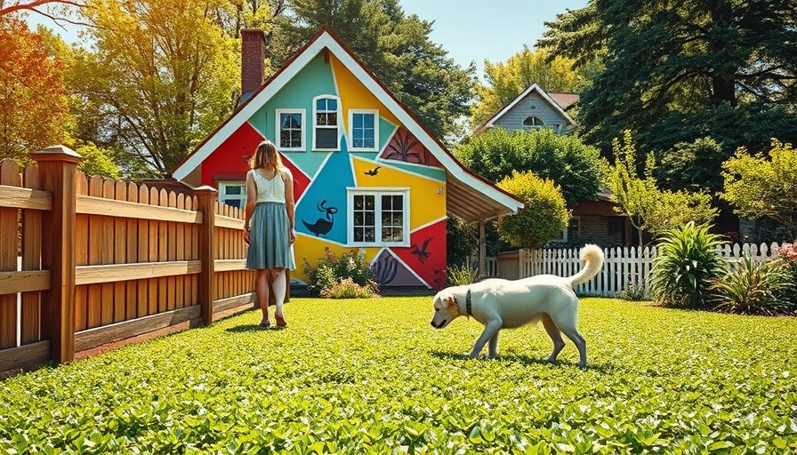 Clover lawn scene with woman, dog, and mural house.