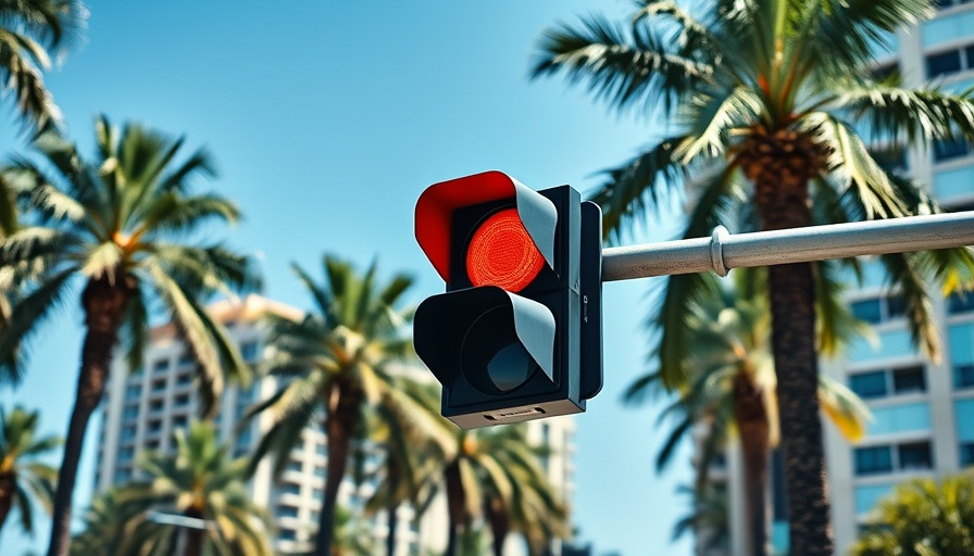 Understanding Horizontal Traffic Lights with cityscape and palm trees.