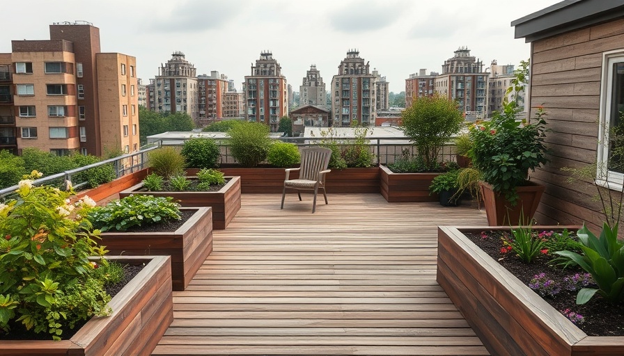 Serene rooftop garden for aging in place with raised beds and chair.