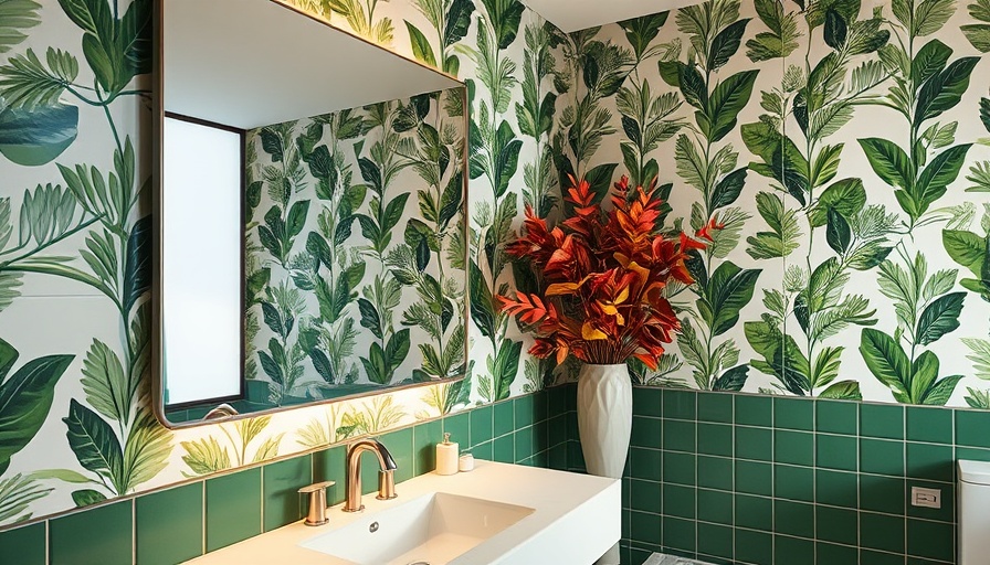 Modern bathroom design with green tiles and leaf wallpaper