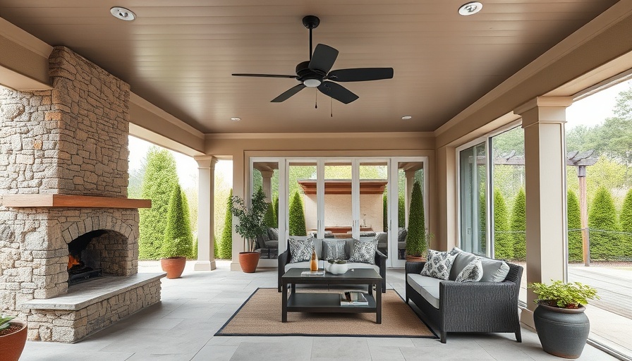Modern patio with ceiling fan and stone fireplace, enhancing comfort and style.