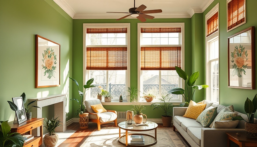 Cozy living room with green paint colors in a California home