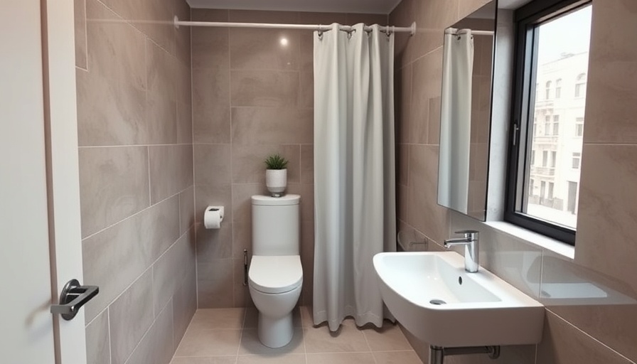 Modern compact bathroom design with neutral palette, lighting detail.