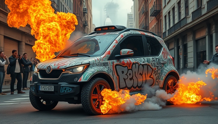 Waymo autonomous vehicle with graffiti and flames in an urban setting.