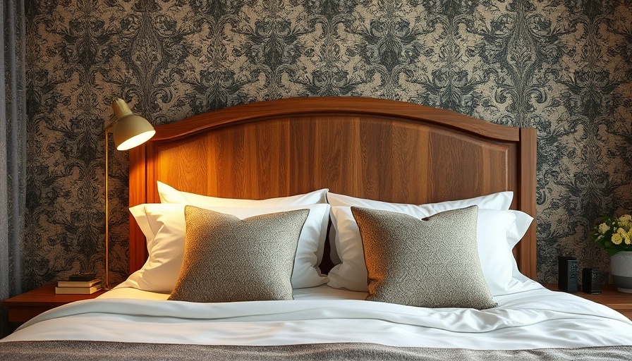 Bedroom with stylish wallpaper and cozy bed, featuring modern lamp and plants.