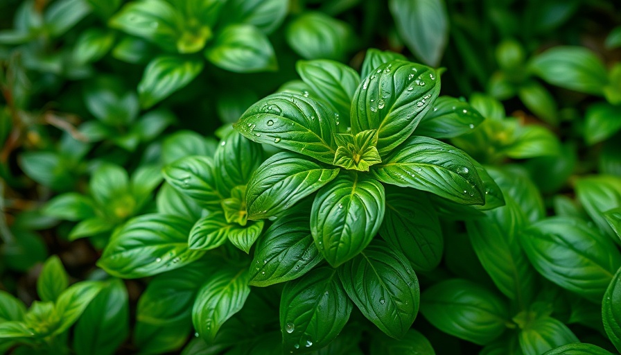 Lush basil plant in California garden project, vibrant and dewy.