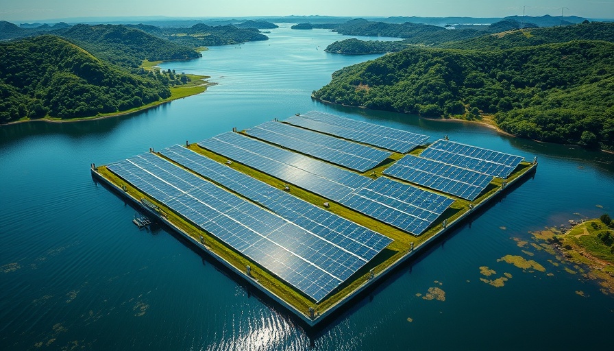 Floating solar farms in California with lush surroundings, aerial view.