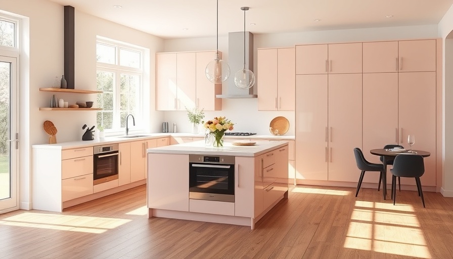 Modern family kitchen renovation with soft pink cabinets and central island.