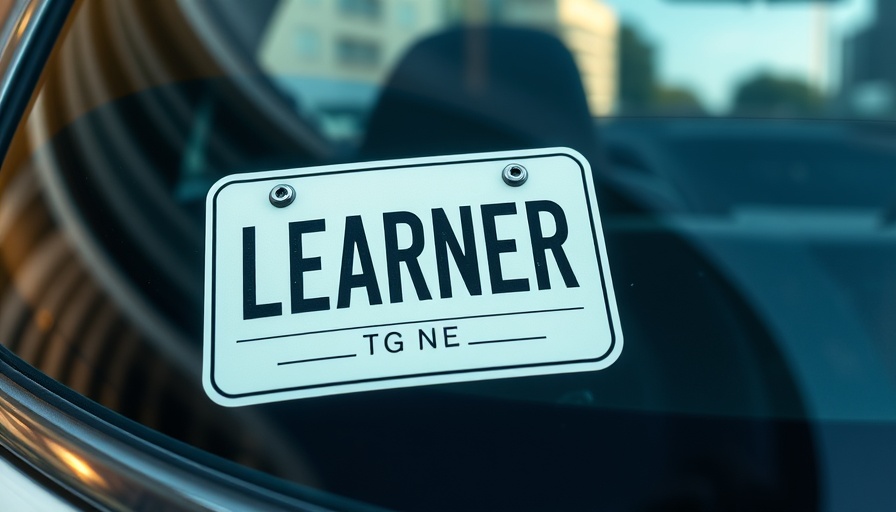 Learner plate on car window indicating driving safety.