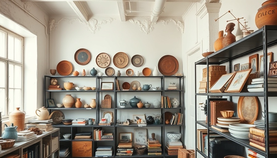Organized vintage items neatly displayed on metal shelves.