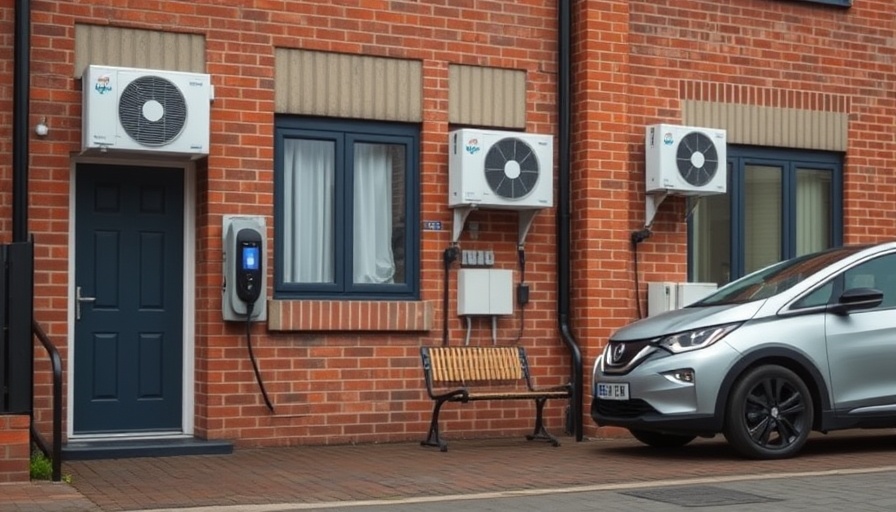 UK electric vehicle charging with heat pumps on brick house exterior.
