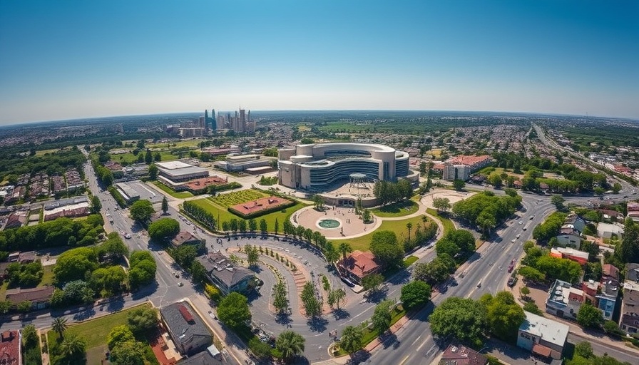 Aerial view of a historic film studio for sale in vibrant urban area.