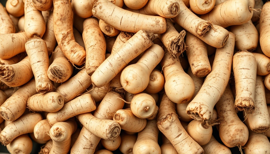 Freshly harvested horseradish roots piled in close-up view.