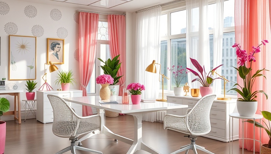Bright office space with plants, home decor, and large windows.