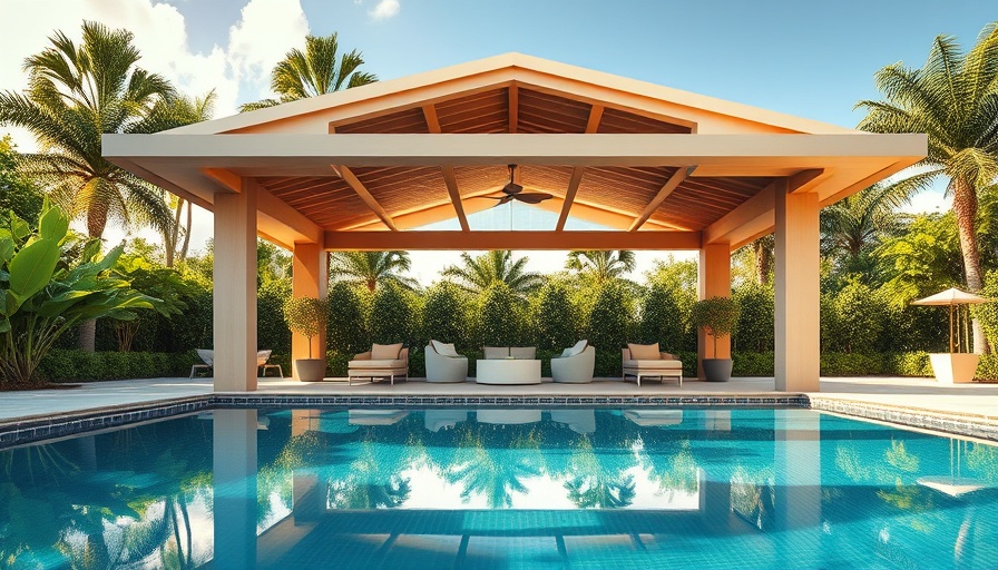 Modern outdoor pavilion by a pool, perfect for summer gatherings.