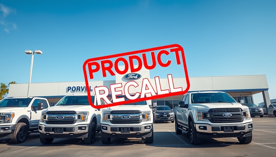 Ford trucks lined up with a recall sign indicating 'Ford Do Not Drive Recall'.