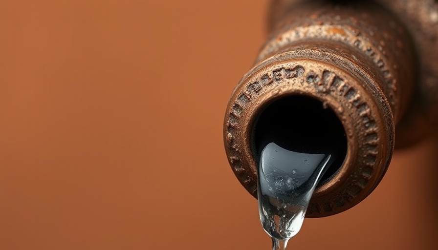 Close-up of leaking copper pipe with water droplet.