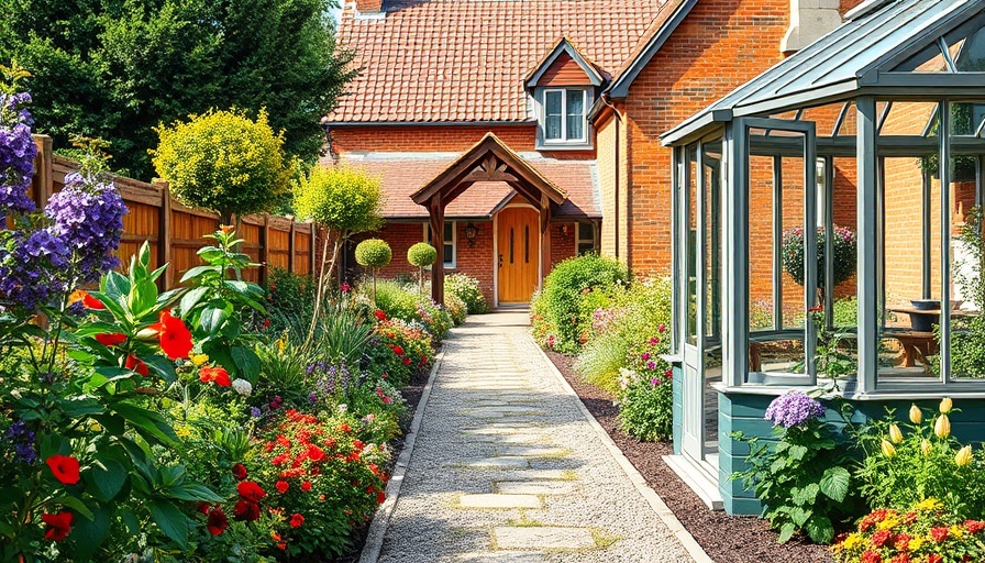 Charming garden path with greenhouse and archway for outdoor projects photography.