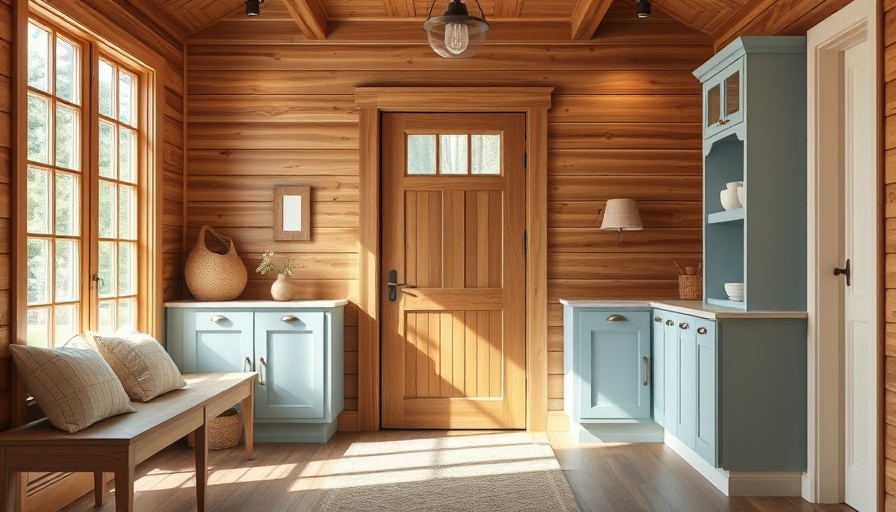 Cozy entryway in a California home with wooden door and light decor.