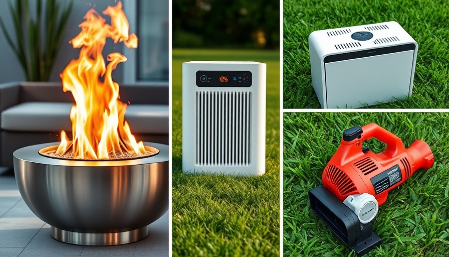 Collage of modern home gear including a fire pit, air purifier, and leaf blower.