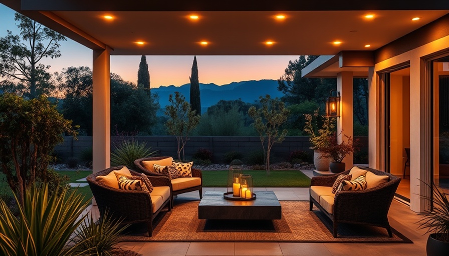 California homes - serene modern patio with ambient lighting at dusk.