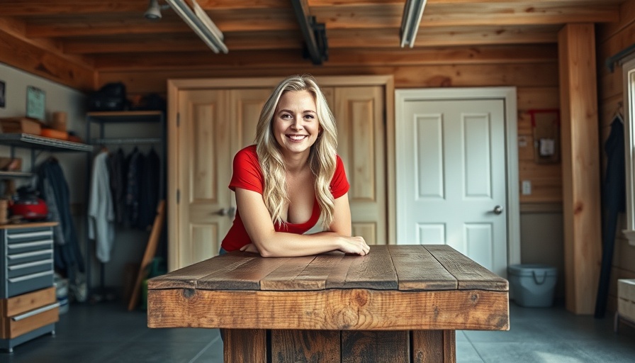 IKEA PAX closet in garage with woman in red smiling.