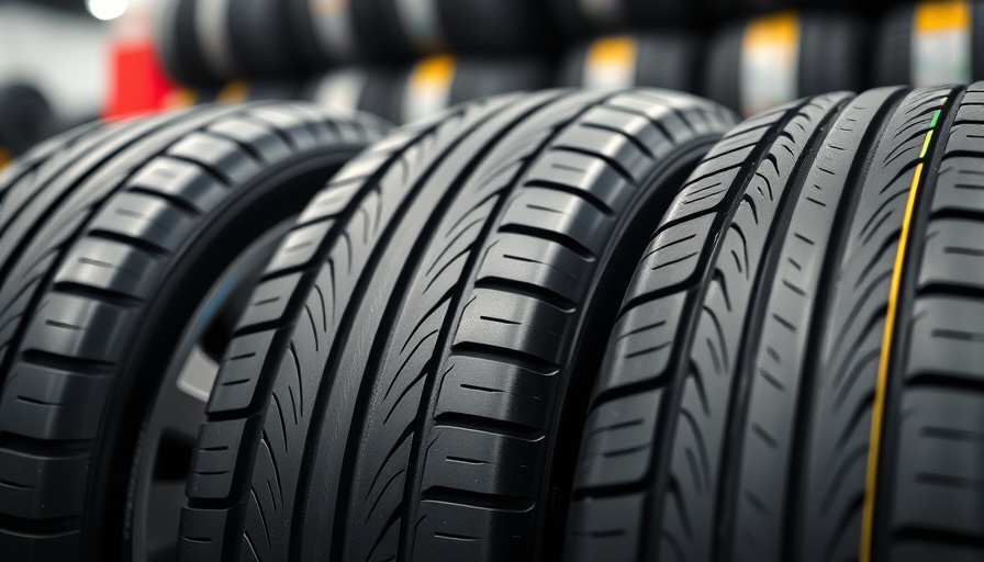 Close-up of new tires with colored lines in a showroom.