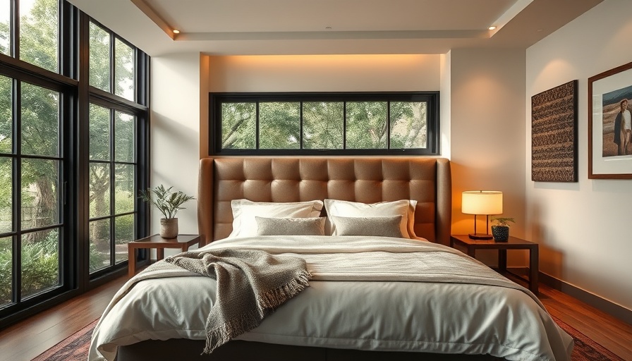 Stylish 2025 bedroom with leather headboard and large windows.