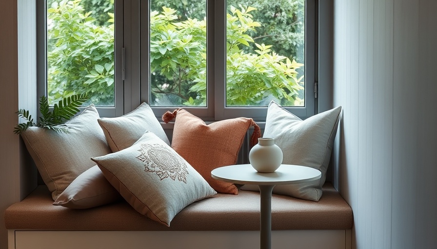 Cozy reading nook features pillows and a small table.