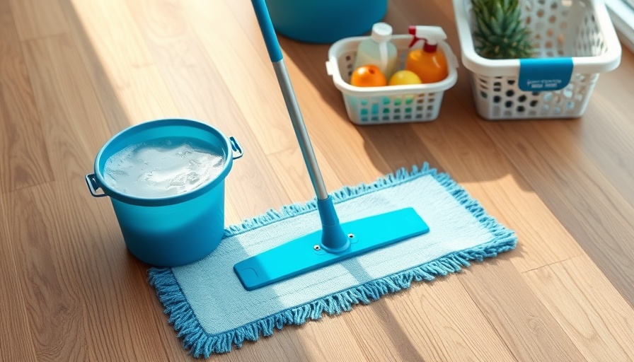 Clean vinyl plank flooring with mop and cleaning supplies.