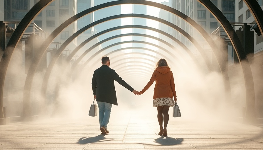 Couple walks through misty cooling arches highlighting extreme weather adaptability in UK.