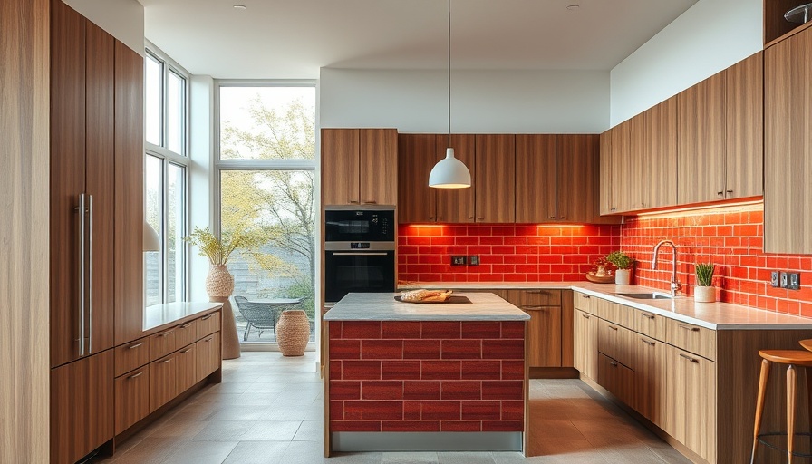 Modern kitchen with red tile island and wood accents, kitchen tile trend.